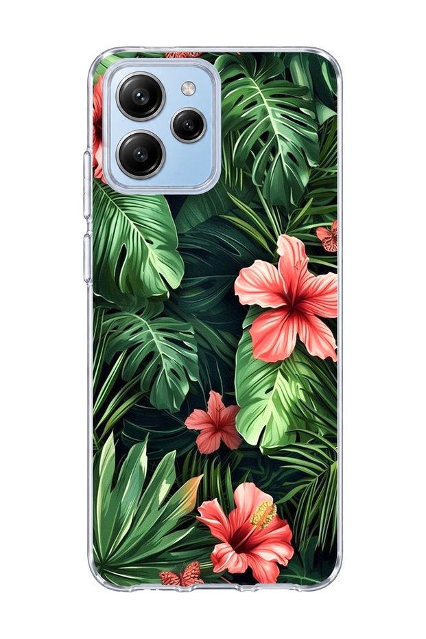 Redmi 12 Compatible Red Flower Tropical Leaf Printed Transparent Phone Case