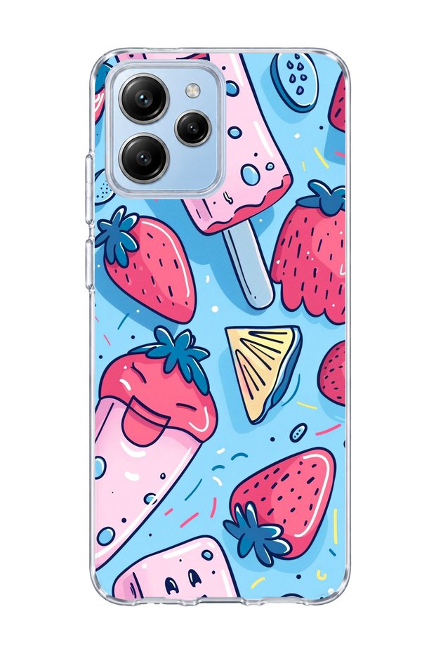 Poco M6 Pro 5g Compatible Strawberry Ice Cream Blue Printed Transparent Phone Case