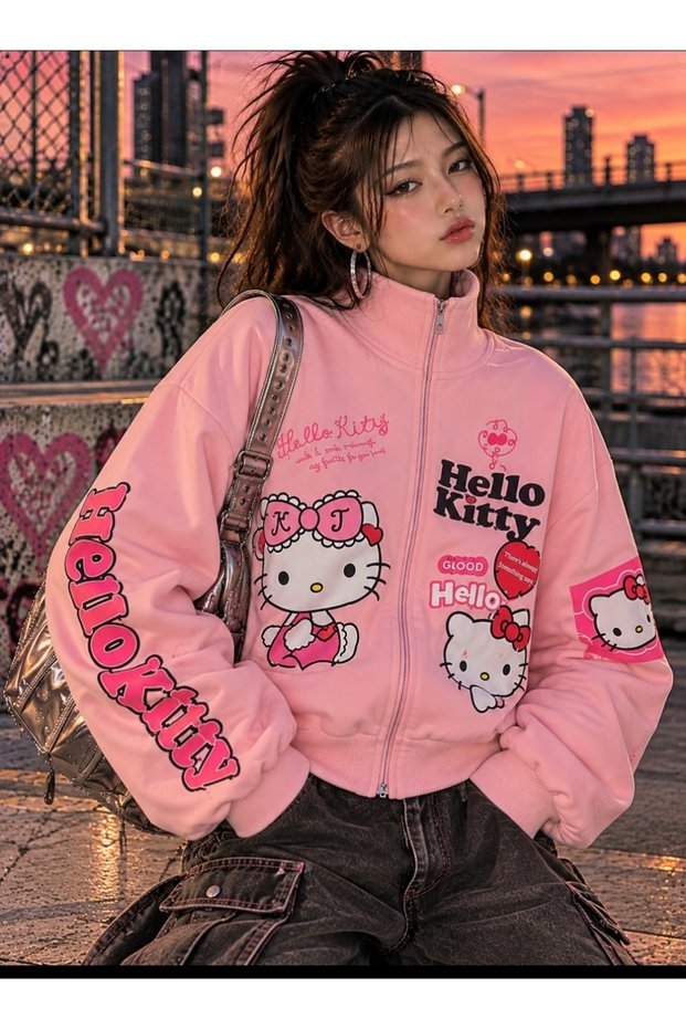 Women's Cat Printed Kitty Zipper Sweatshirt Jacket