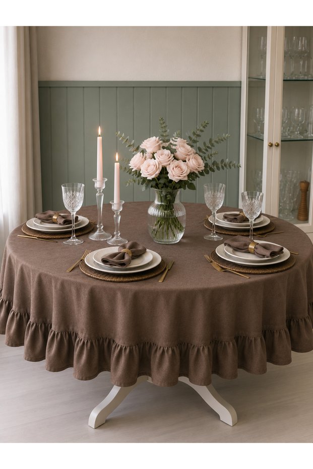 Pearl Velvet Textured Seamless Ruffled Tablecloth Brown