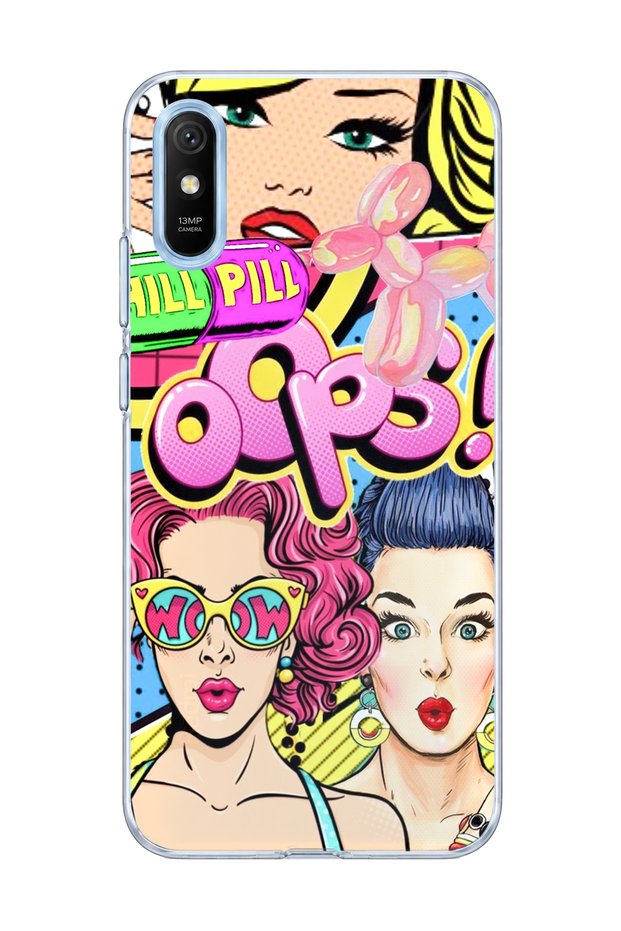 Redmi 9A Compatible Colorful Comic Women Printed Transparent Phone Case