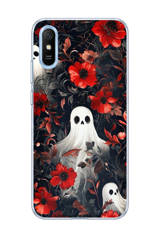حافظة هاتف شفافة متوافقة مع Redmi 9A مطبوعة بزهرة حمراء شفافة