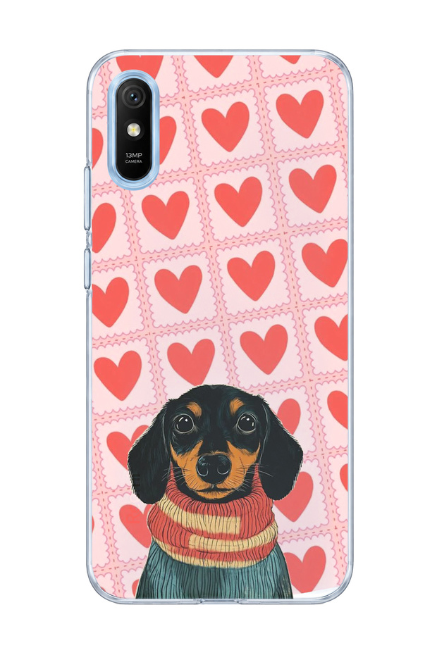 Redmi 9A Compatible Sausage Dog Red Heart Printed Transparent Phone Case