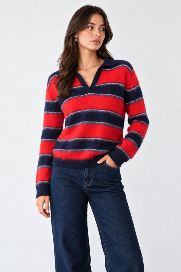 Women's Polo Collar Ribbed Long Sleeve Knit Sweater