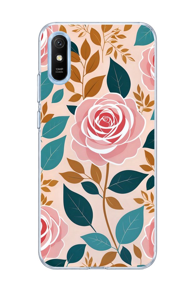 Redmi 9A Compatible Pink Rose Leaf Printed Transparent Phone Case