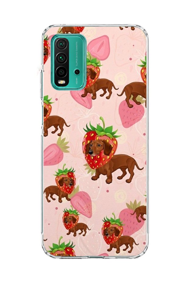 Redmi 9t Compatible Strawberry Sausage Dog Printed Transparent Phone Case