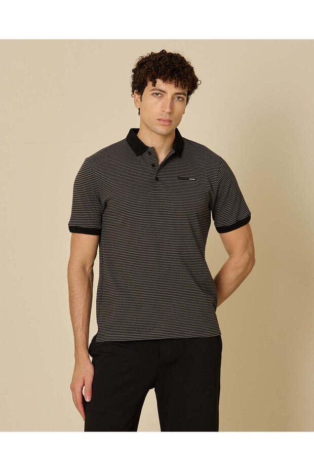 Men Black And Grey Jacquard Polo Shirt
