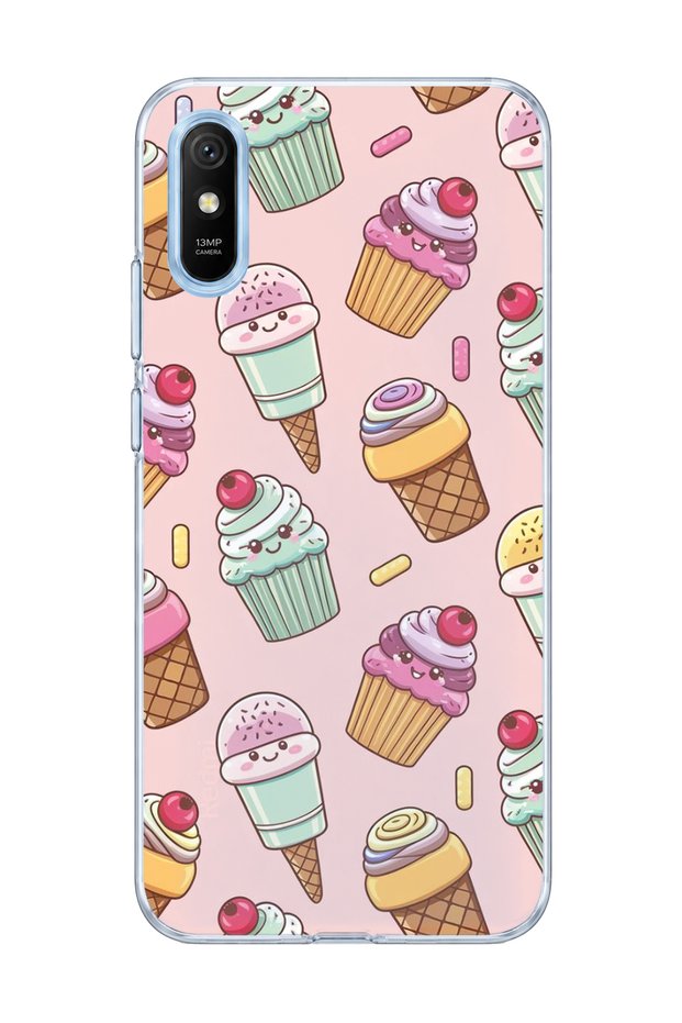 Redmi 9A Compatible Ice Cream Cake Pink Printed Transparent Phone Case