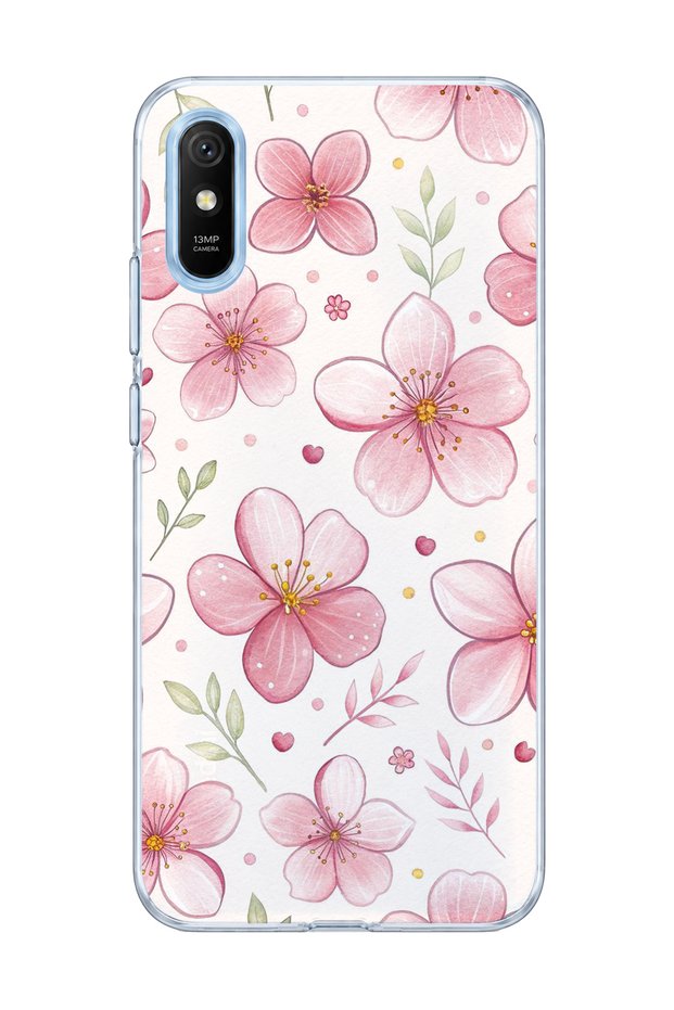 Redmi 9A Compatible Pink Cherry Blossom Printed Transparent Phone Case