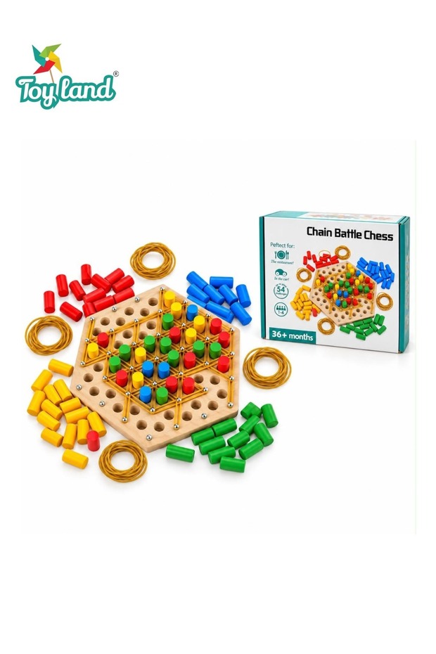 Wooden Chain Battle Chess Strategy Board Game for Kids, 1-4 Players, Colourful Pegs and Rubber Band Puzzle, Logical Thinking, Brain Training, Educational Family Game, Ages 3+