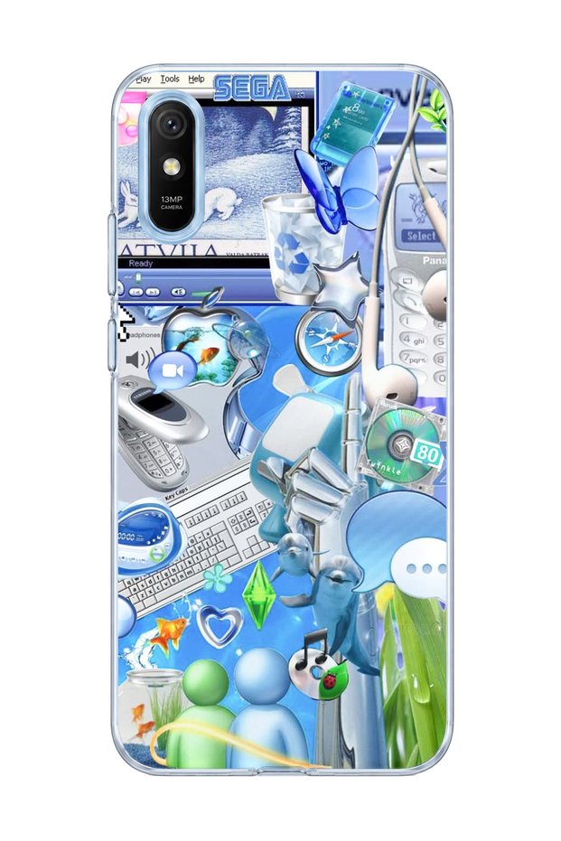 Redmi 9A Compatible Blue Nostalgia Technology Printed Transparent Phone Case