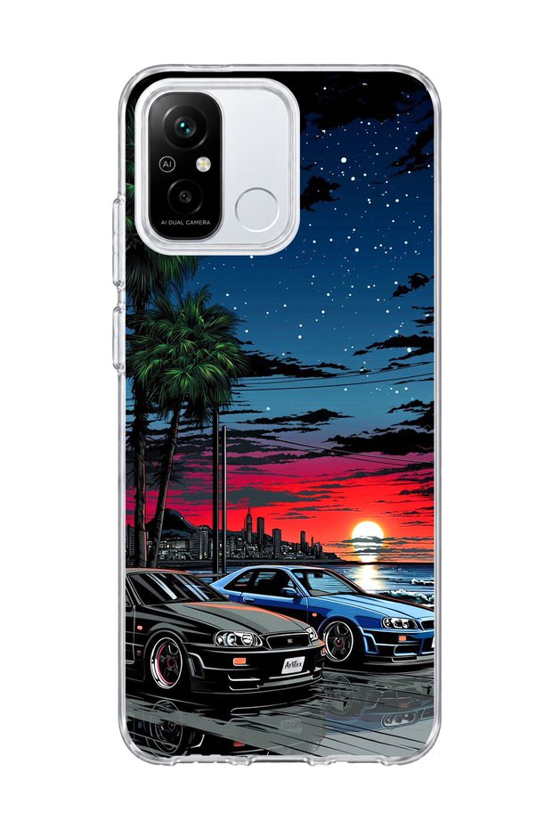 Redmi 12C Compatible Sports Cars Night Coast Printed Transparent Phone Case
