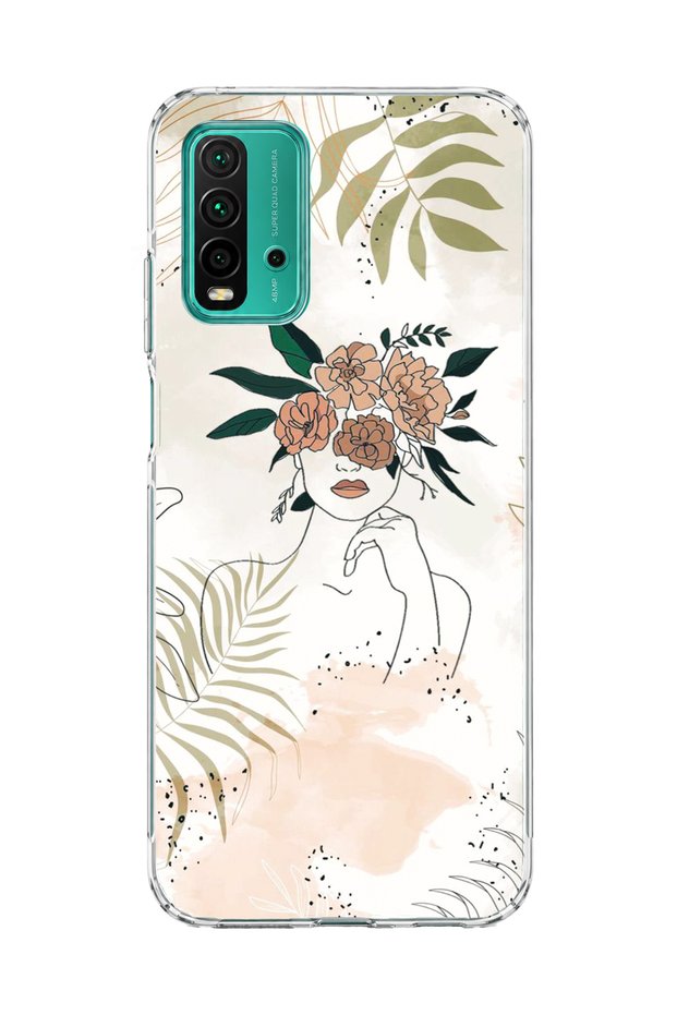 Redmi 9t Compatible Flower Headed Woman Drawing Printed Transparent Phone Case