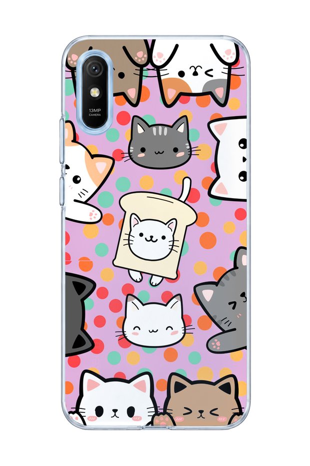 Redmi 9A Compatible Cats Polka Dot Purple Printed Transparent Phone Case