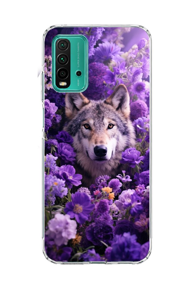 Redmi 9t Compatible Wolf and Purple Flower Printed Transparent Phone Case