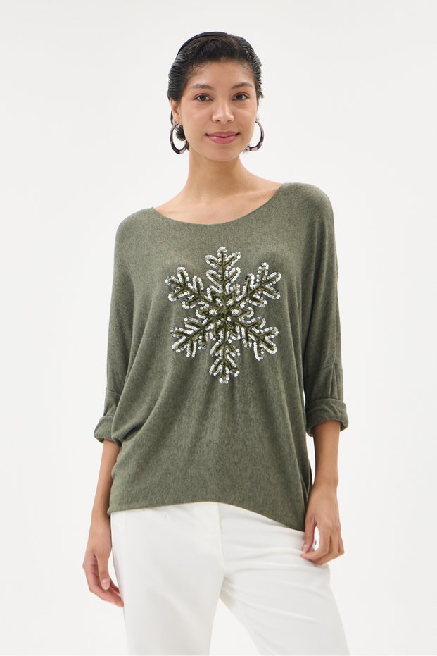 Women's Khaki Italian Snowflake Patterned Sequined Lycra Knitwear Sweater 40 - 46 Size