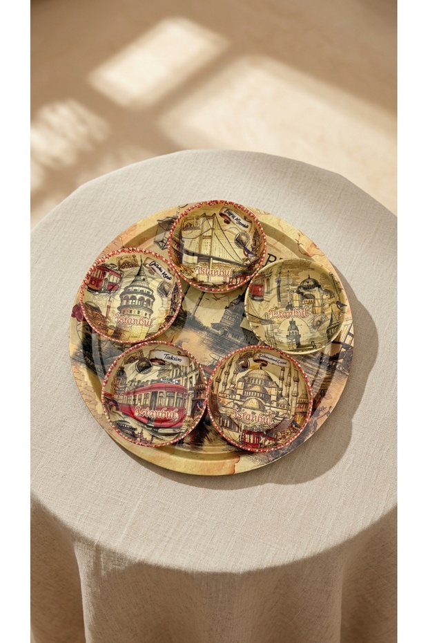 Zera Istanbul Themed 6-Piece Snack Set in a Tray - Nostalgic Presentation and Coffee Side Serving Set