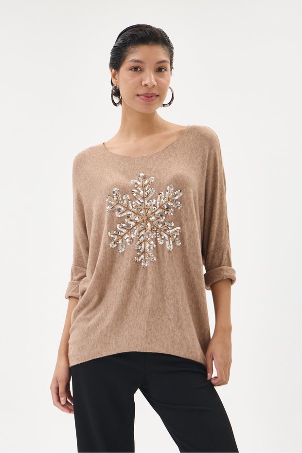 Women's Camel Italian Snowflake Patterned Sequined Lycra Knitwear Sweater 40 - 46 Size