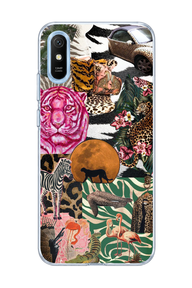Redmi 9A Compatible Wild Animal Collage Printed Transparent Phone Case