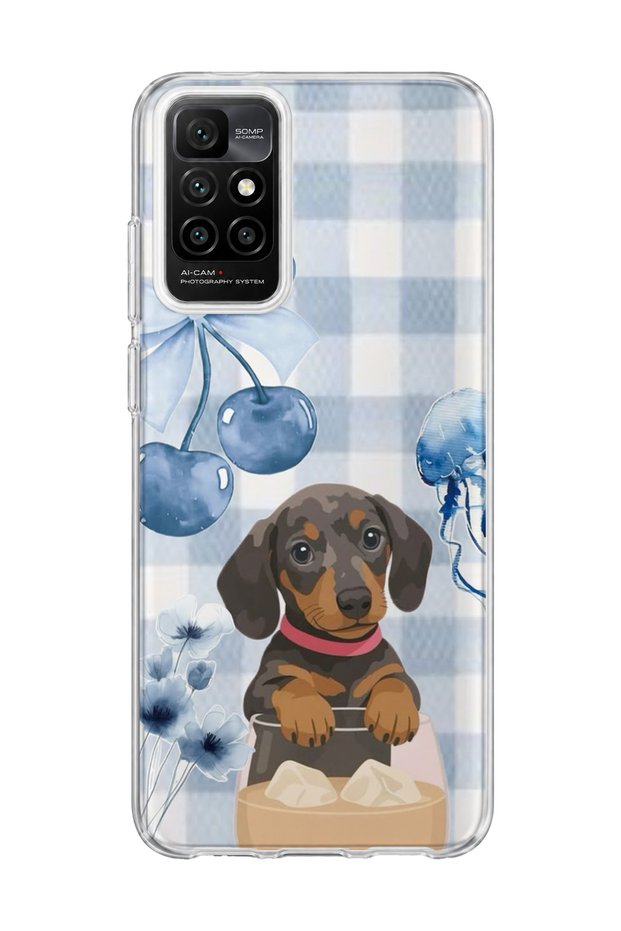 Redmi 10 2022 Compatible Sausage Dog Blue Plaid Printed Transparent Phone Case