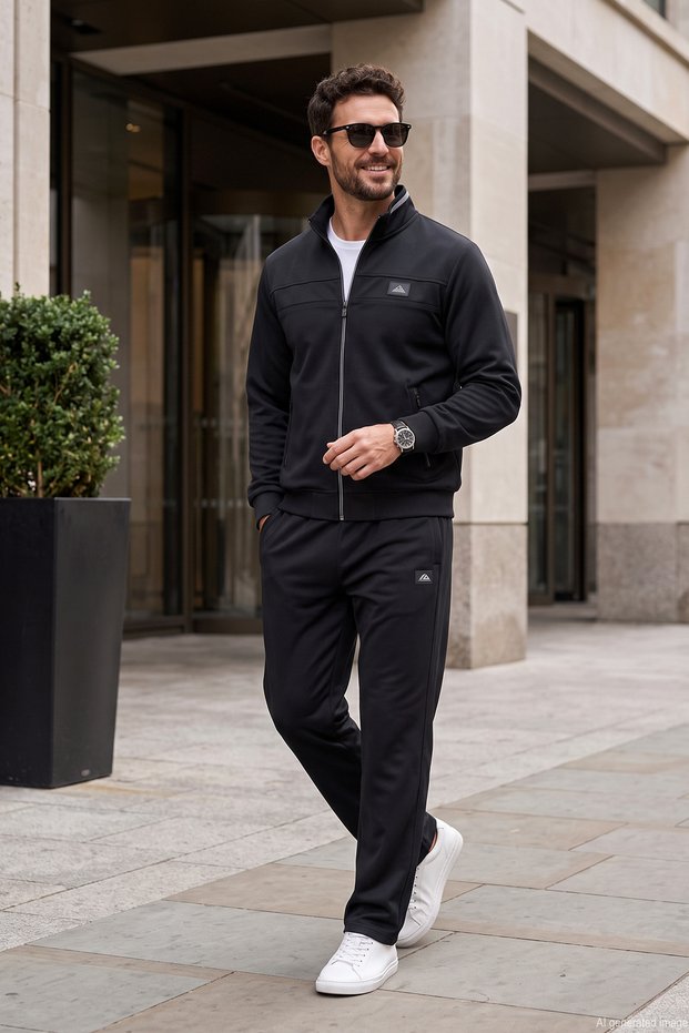 Men's Camisole Model Two-Pocket Jacket Flat Bottom Tracksuit Set 2711 Black-Black