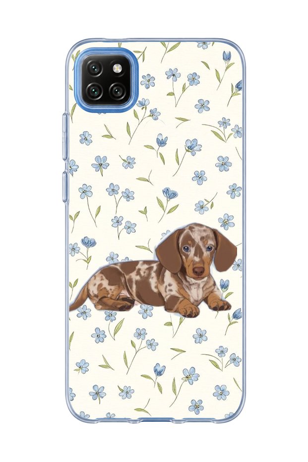 Redmi 9C Compatible Sausage Dog Blue Flower Printed Transparent Phone Case