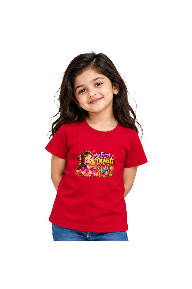 Girls Diwali T-Shirt | Cotton Tee | Round Neck Short Sleeve Festive Wear