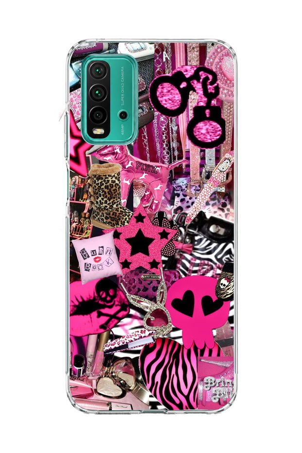 Redmi 9t Compatible Pink Star Zebra Printed Transparent Phone Case