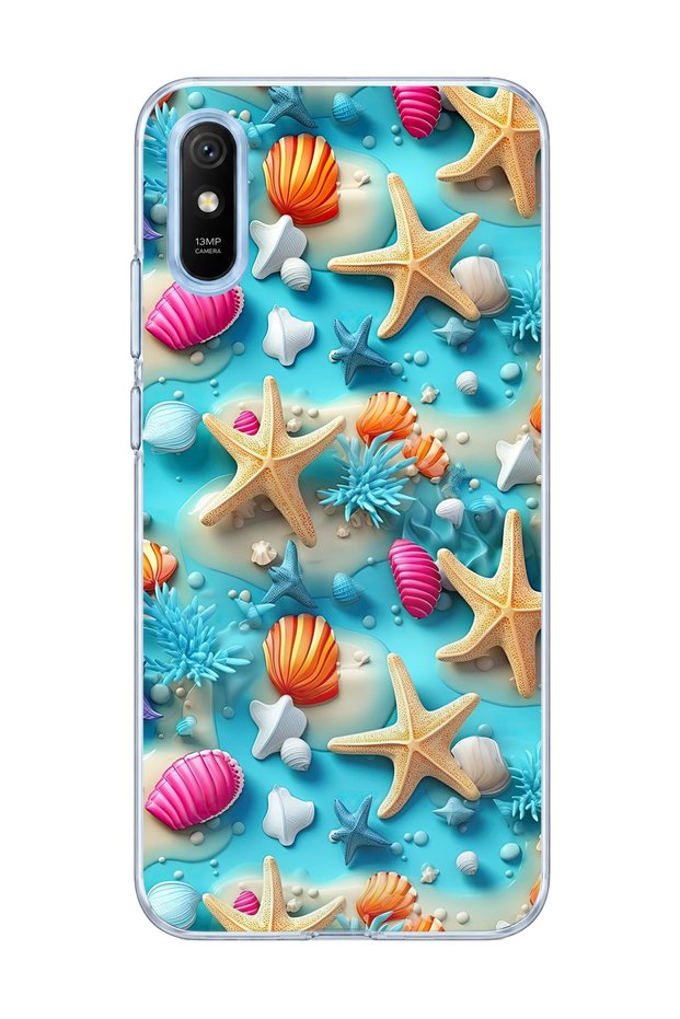 Redmi 9A Compatible Starfish Sea Shell Printed Transparent Phone Case