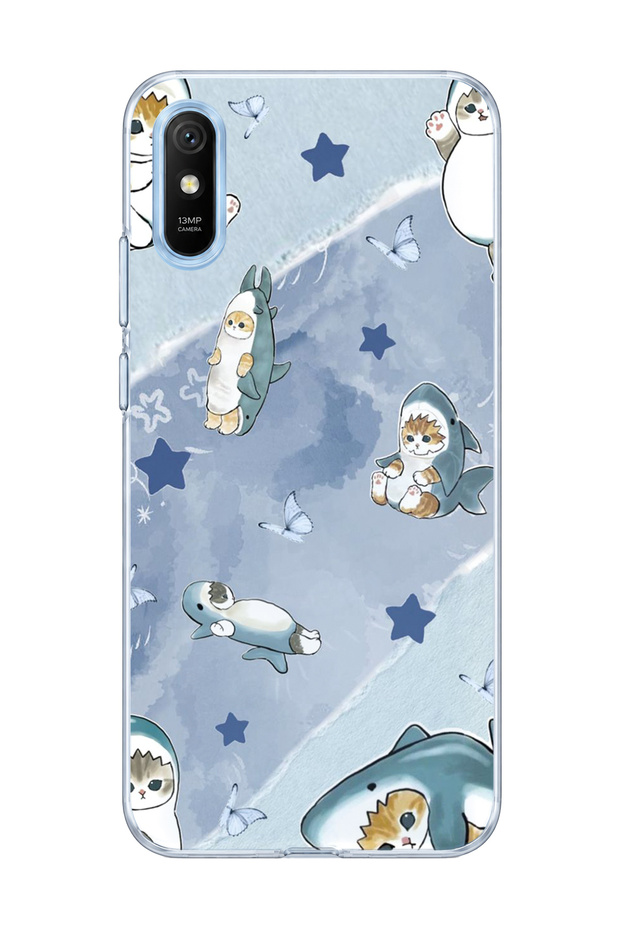 Redmi 9A Compatible Transparent Phone Case with Shark Costume and Cat Print