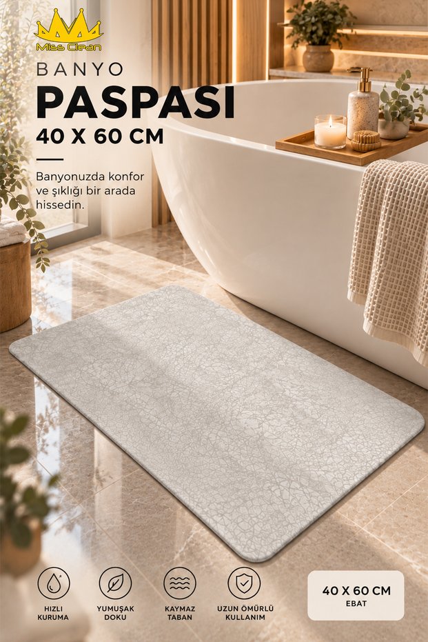 Aura Modern Patterned Stone Color Bath Mat – Non-Slip Base, Water Absorbent, Quick Drying (40X60)