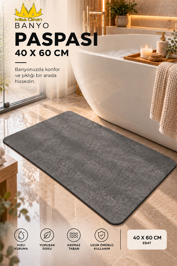 Aura Modern Patterned Anthracite Color Bath Mat – Non-Slip Base, Water Absorbent, Quick Drying (40X60)
