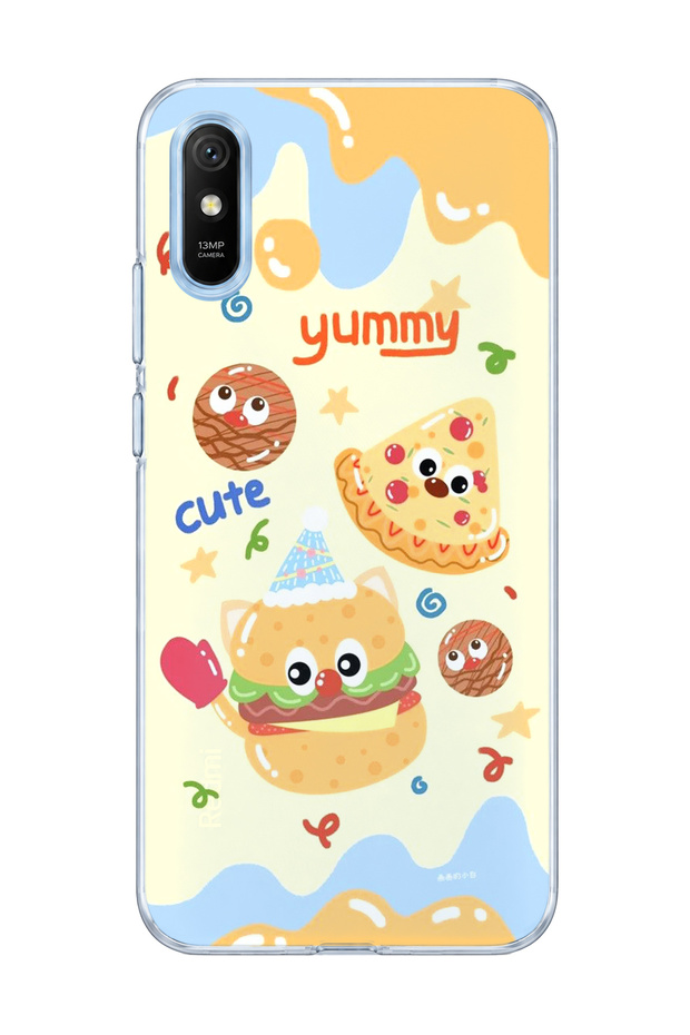 Redmi 9A Compatible Cute Hamburger Pizza Printed Transparent Phone Case