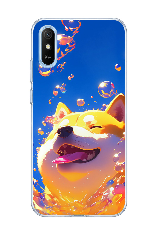 Redmi 9A Compatible Smiling Dog Bubble Printed Transparent Phone Case