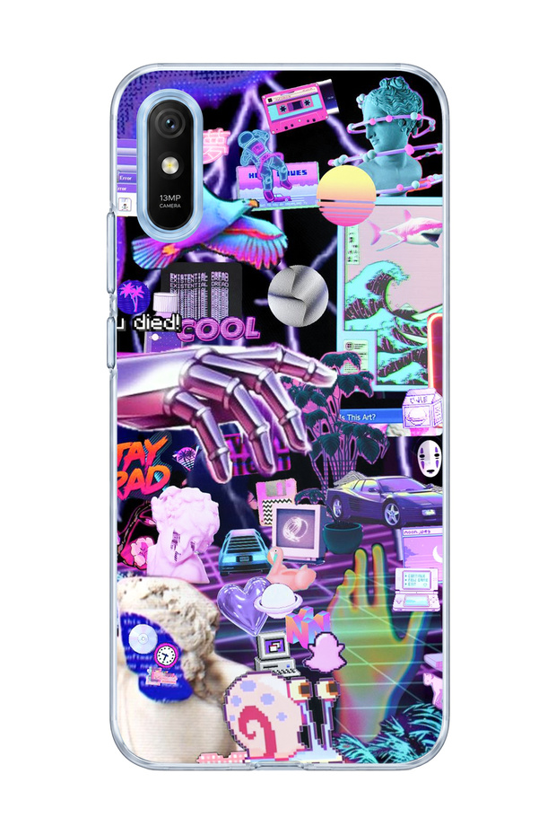 Redmi 9A Compatible Neon Purple Collage Printed Transparent Phone Case