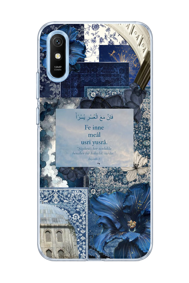 Redmi 9A Compatible Navy Blue Flower Verse Printed Transparent Phone Case