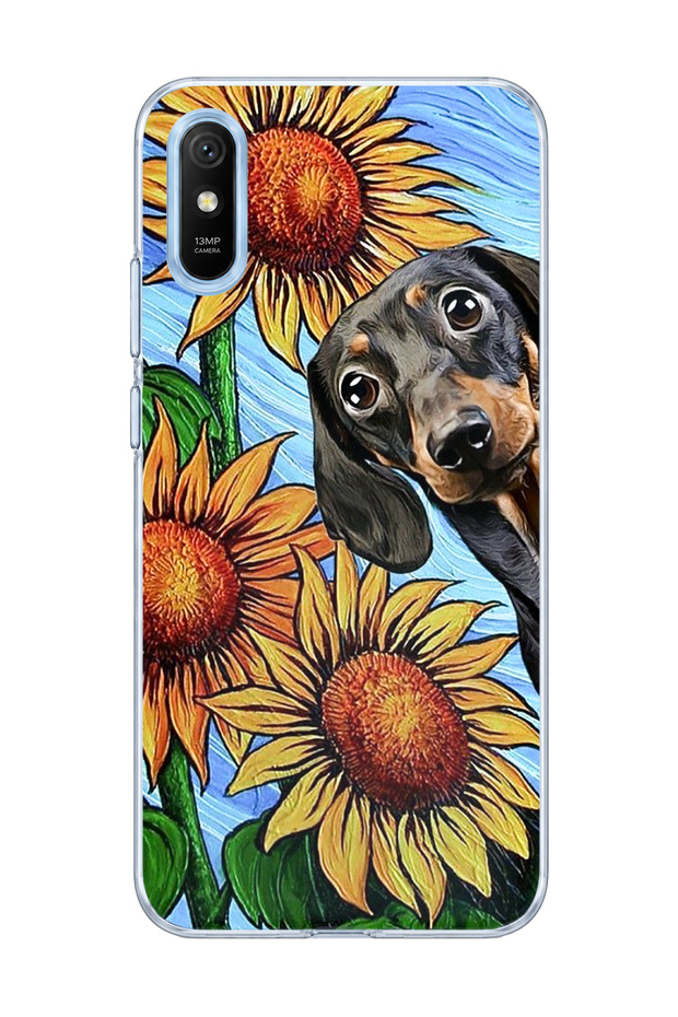 Redmi 9A Compatible Sausage Dog Sunflower Printed Transparent Phone Case
