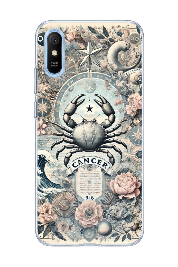 Redmi 9A Compatible Transparent Phone Case with Crab Sign Printed