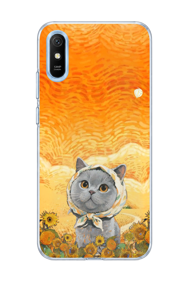Redmi 9A Compatible Gray Cat Sunflower Printed Transparent Phone Case with Scarf