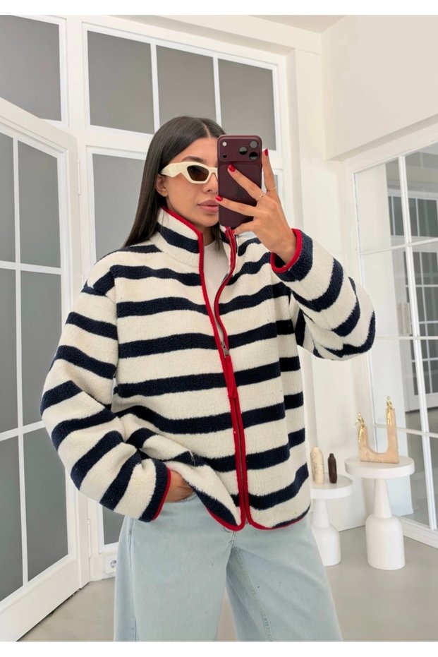 White Striped Patterned Zippered Fleece Jacket
