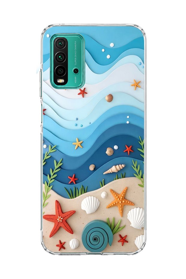 Redmi 9t Compatible Blue Wave Starfish Printed Transparent Phone Case