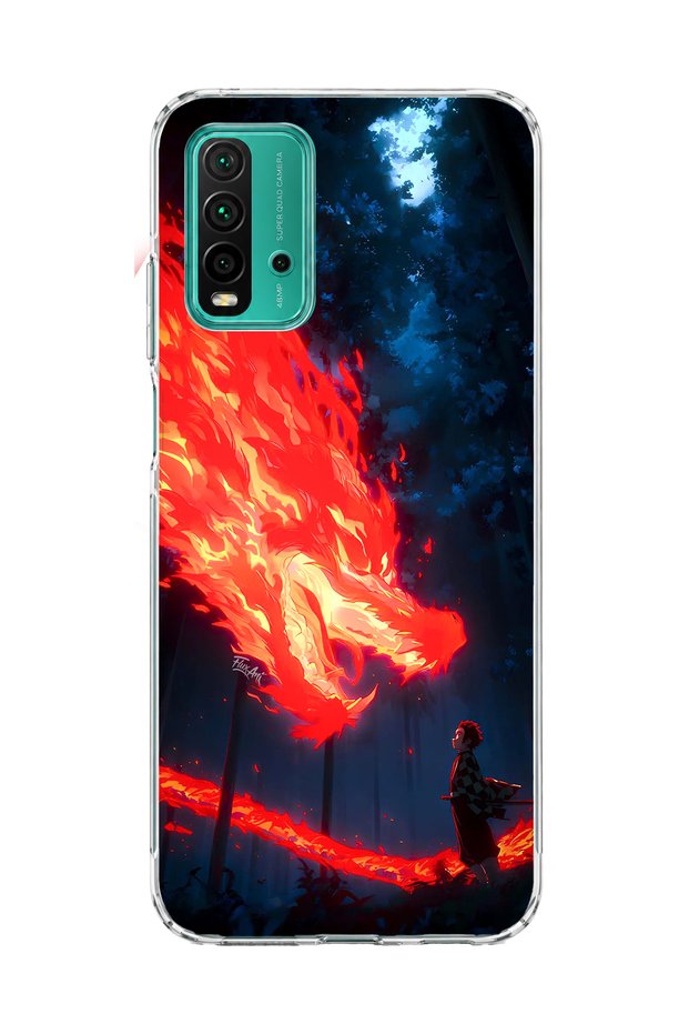 Redmi 9t Compatible Fire Dragon Forest Printed Transparent Phone Case