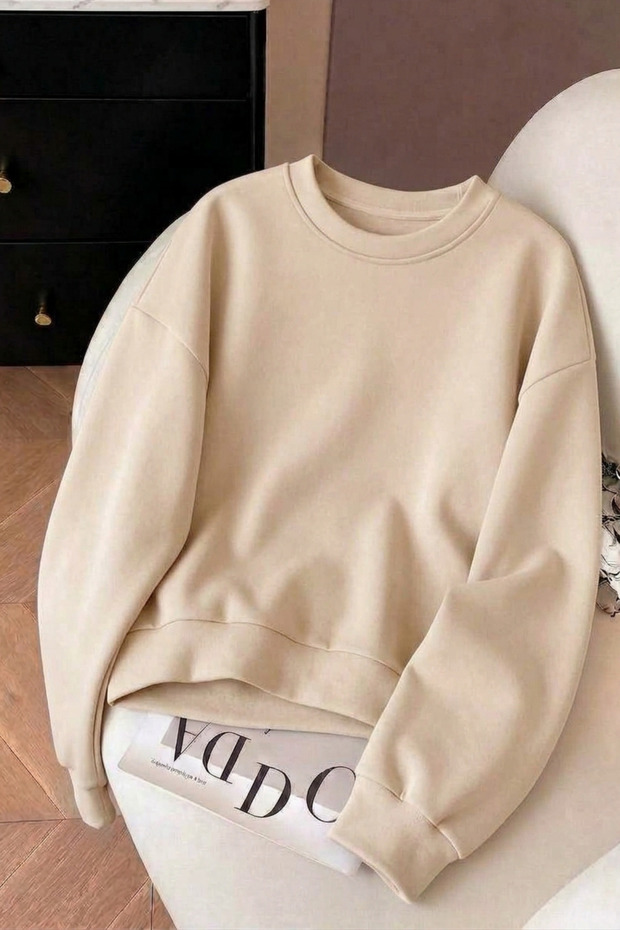 Unisex Beige Crew Neck Three Yarn Cotton Loose Fit Sweatshirt