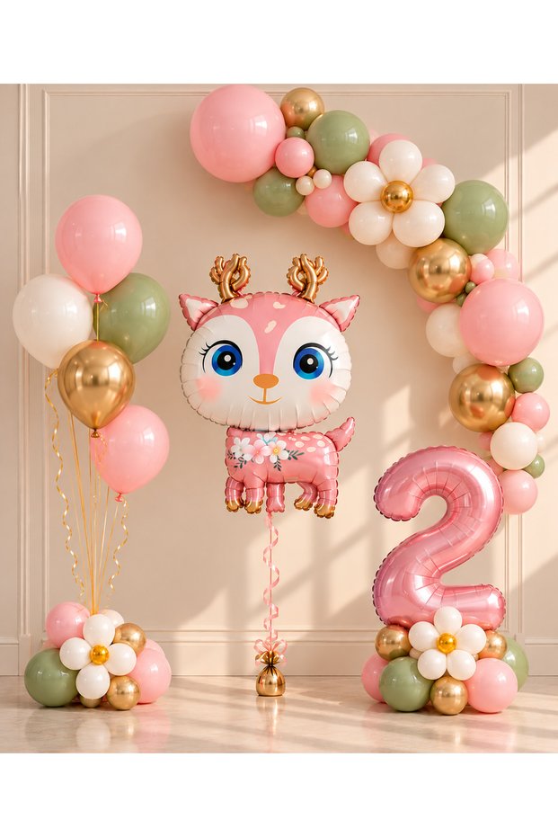 Party 2 Years Old Pink Deer 1-9 Years Old Birthday Balloon Set – Gold and Sage Green