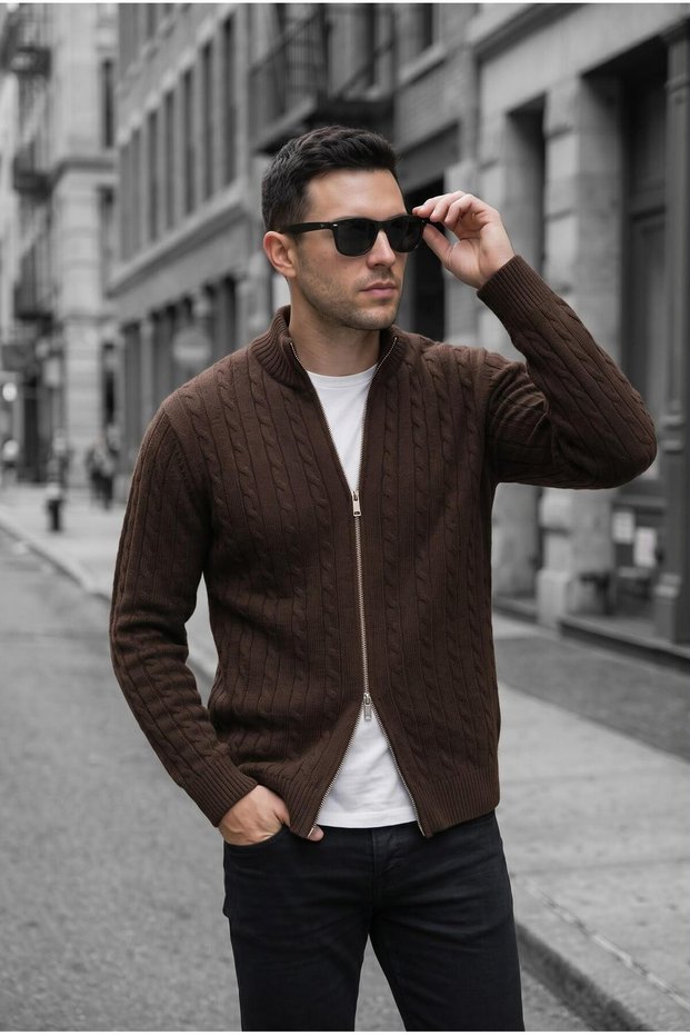 Mx Men's Stand Collar Reversible Zipper Hair Knit Sweater Cardigan - Slim Fit Textured Knitted Jacket