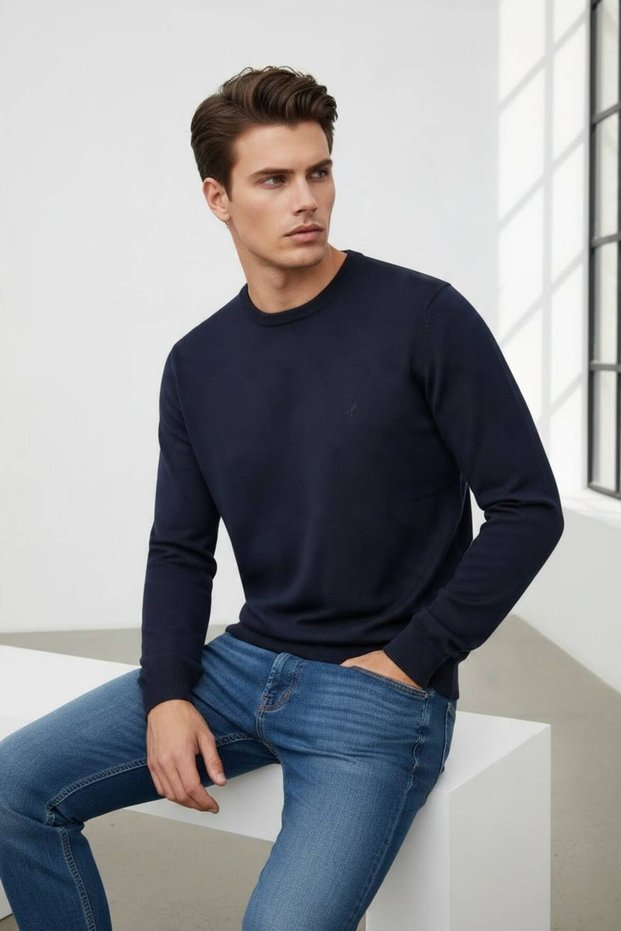 Interview 0 Collared Regular Fit Basic Navy Blue Knitwear Sweater