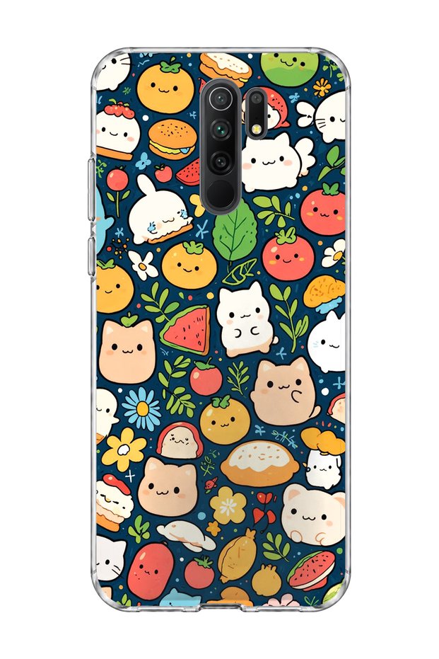 Redmi 9 Compatible Cat Fruit Navy Blue Printed Transparent Phone Case