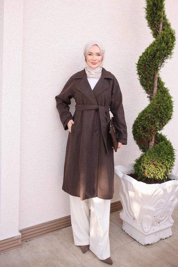 Brown Double-Breasted Collared Lined Cashmere Coat