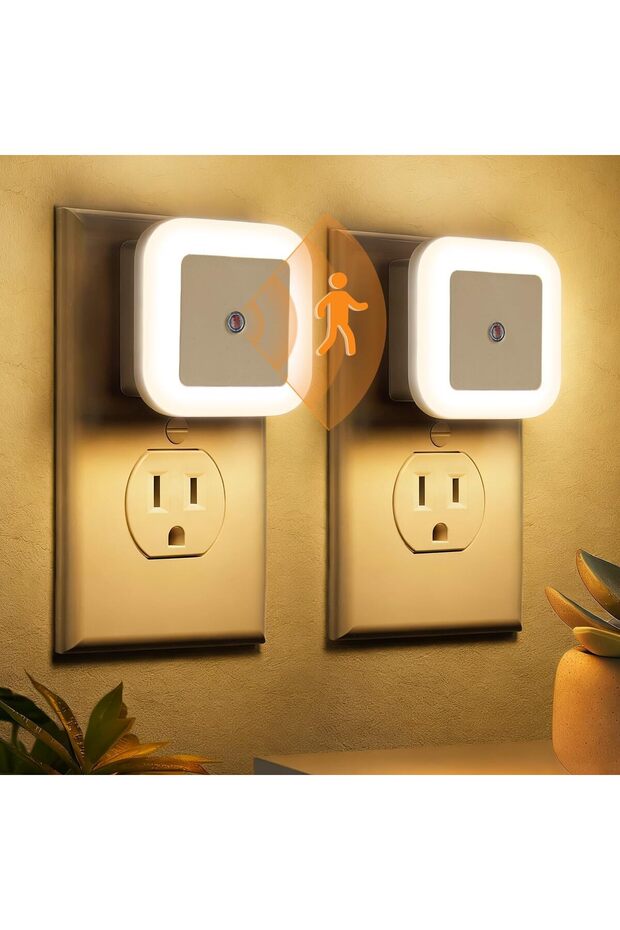 إضاءة ليلية، مجموعة من 2 مصباح ليلي LED دافئ يوصل بالكهرباء، إضاءة ذكية تعمل بمستشعر من الغسق حتى الفجر
