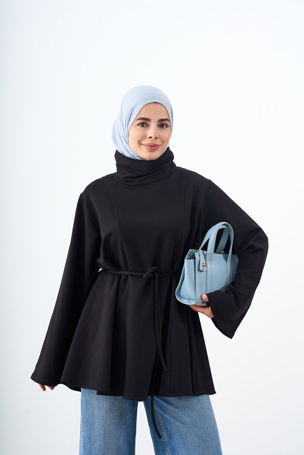Women's Stand Collar Tunic with Piping Detail Black